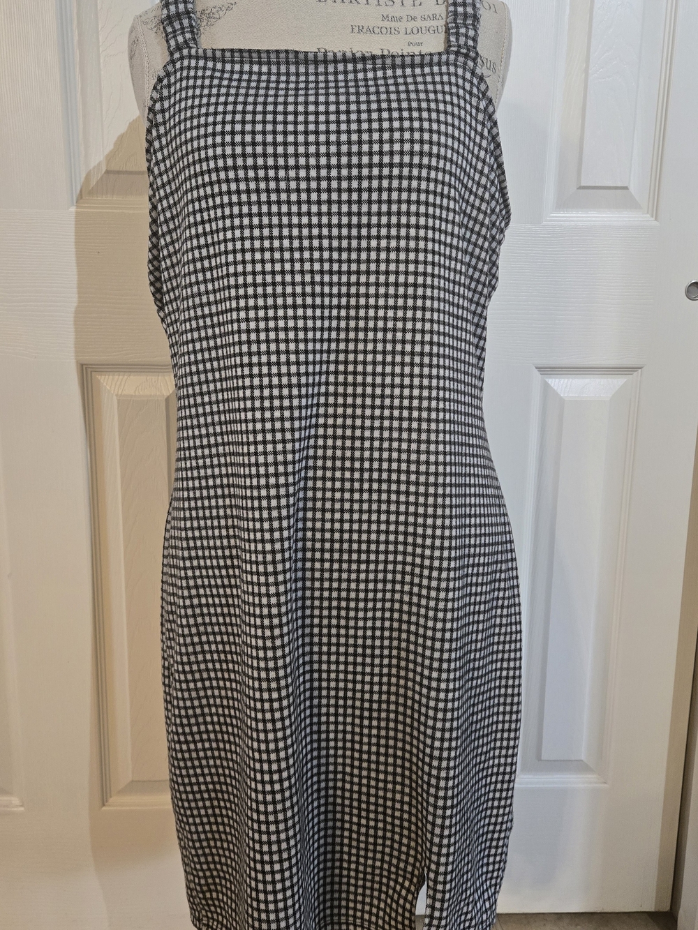 Black & White Gingham Midi Dress with Square Neck